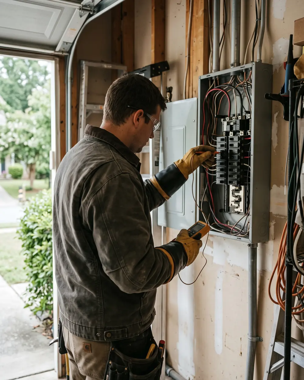 Electrician working on a breaker panel in a garage