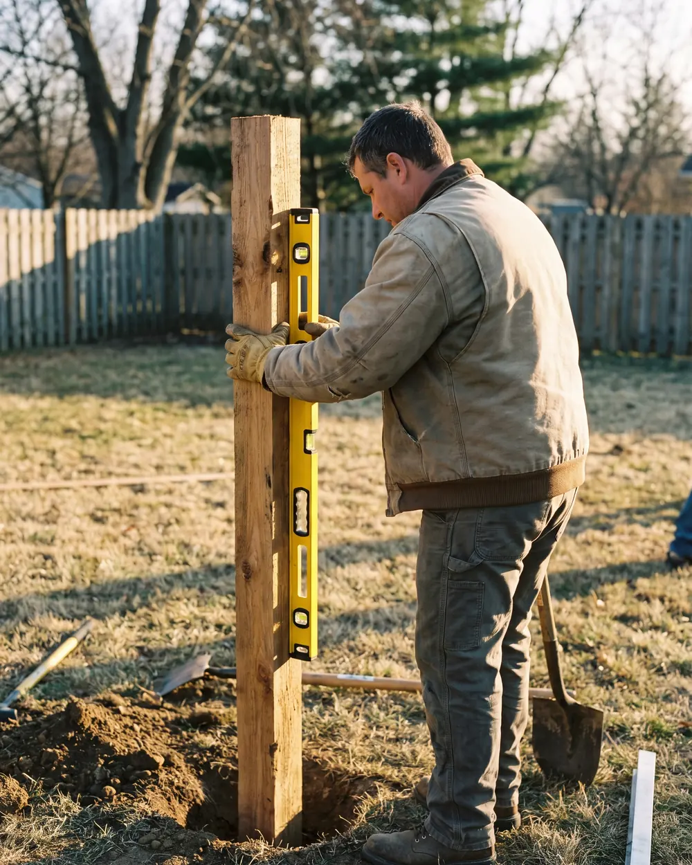 Fence installer checking a new wood post with a level