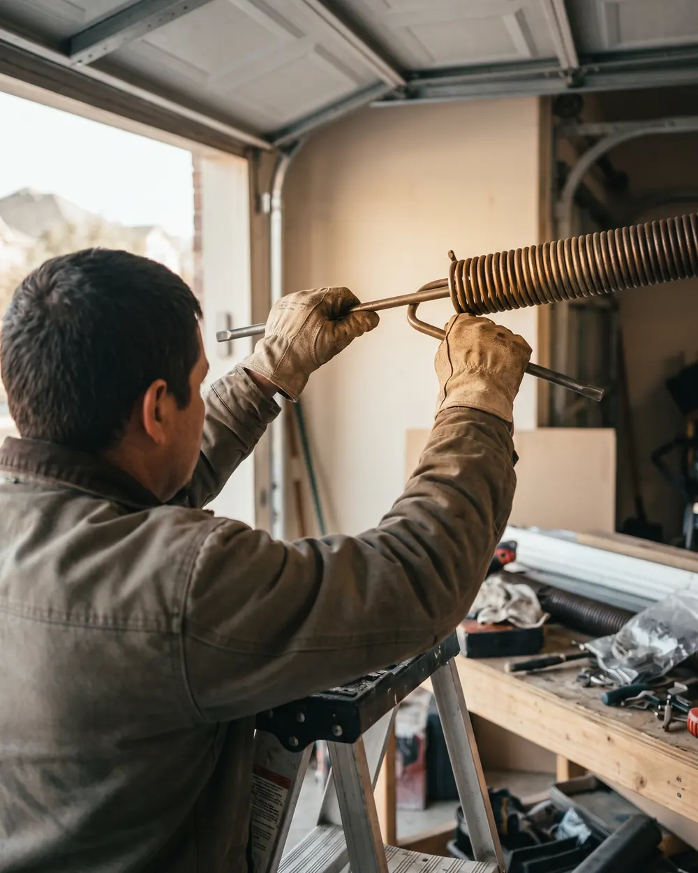 Technician replacing a spring on a garage door