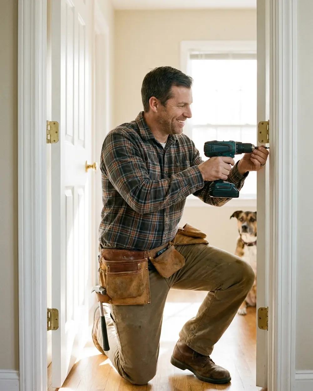 Handyman adjusting a door hinge with a cordless drill