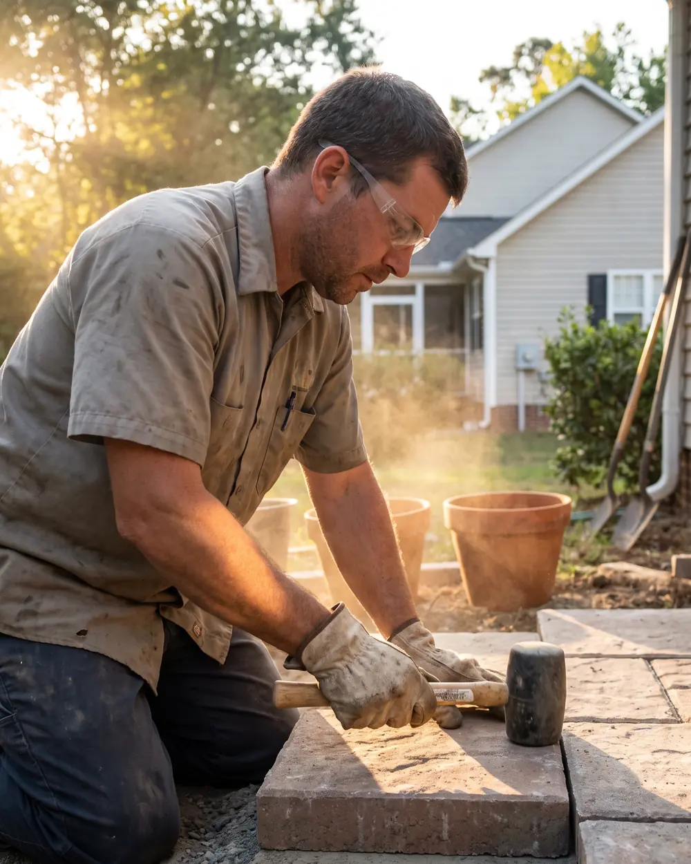 Landscaper laying pavers on a backyard patio