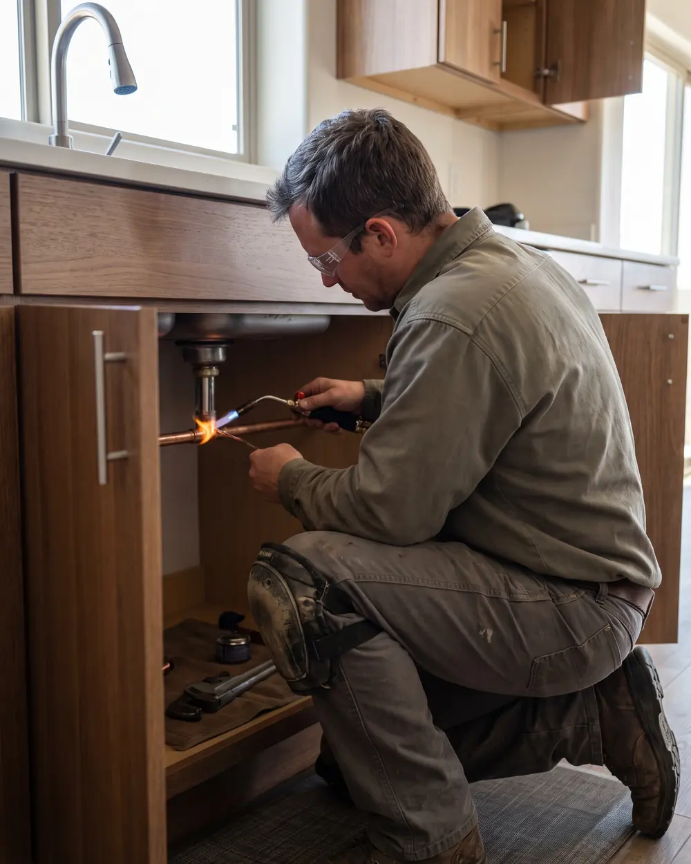 Plumber kneeling under a kitchen sink soldering a pipe