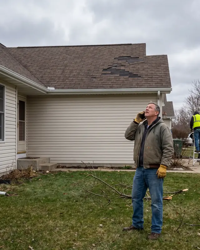 Homeowner outside on the phone, looking up at a damaged roof