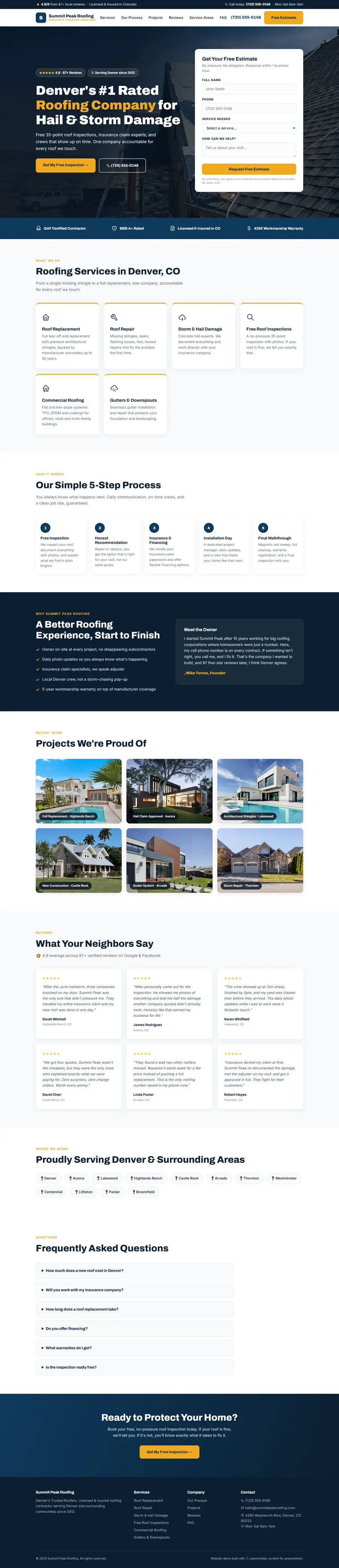 Full homepage of the Summit Peak Roofing demo website