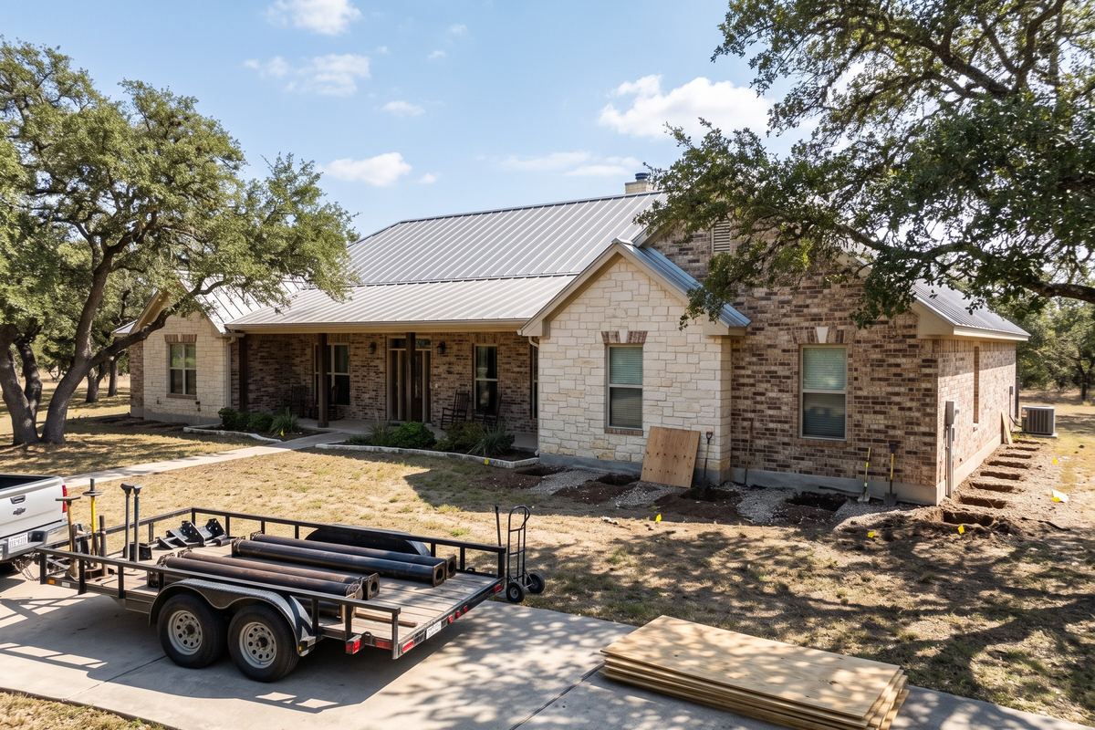 Pier materials staged, stone home in Stone Oak