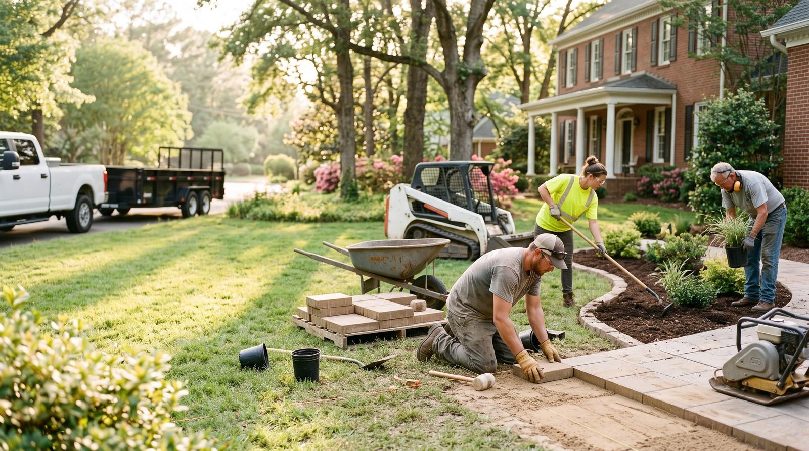 Landscaping crew laying a paver walkway and planting beds in front of a brick home