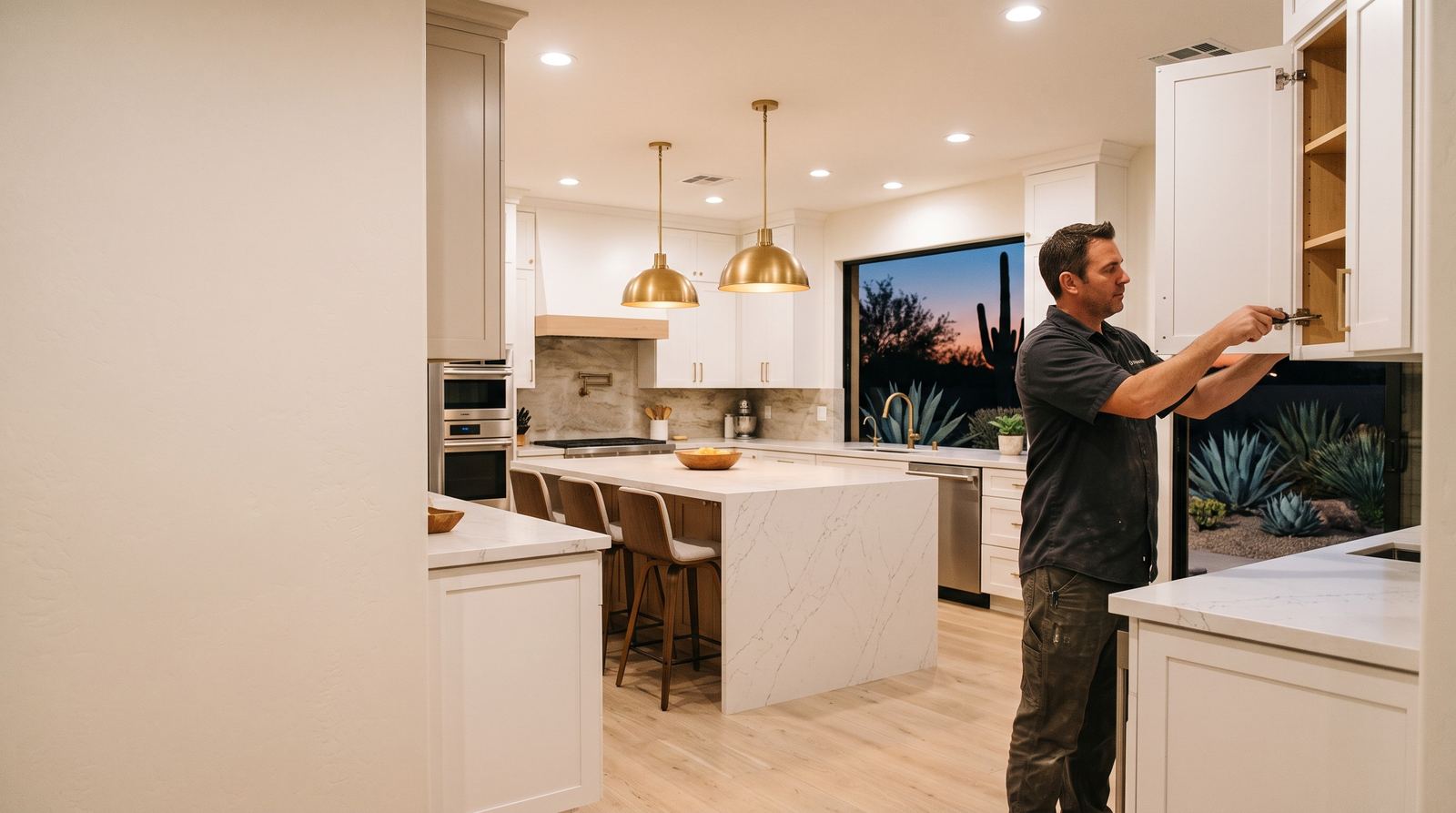 Builder installing a cabinet in a white kitchen with a marble island