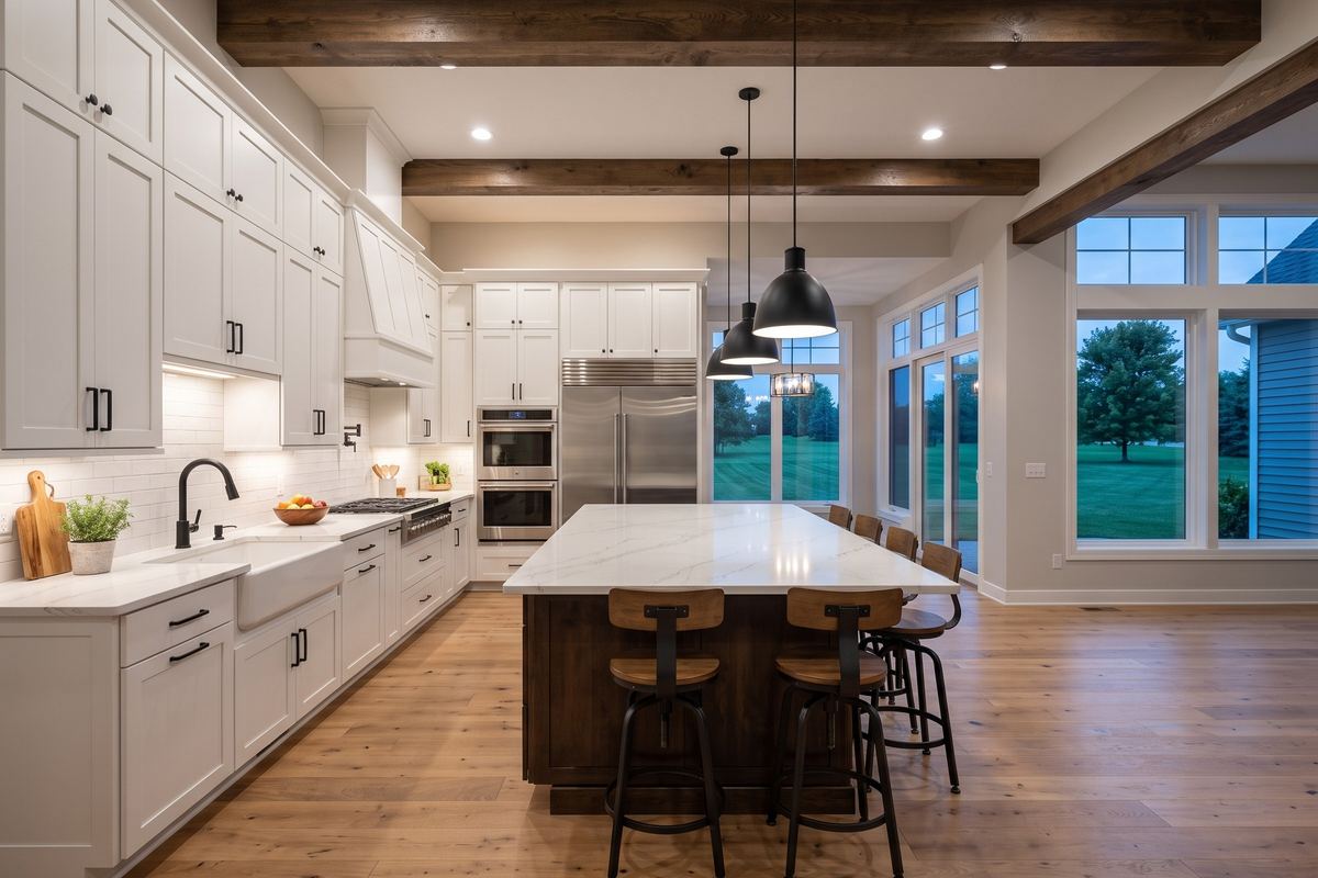 Open kitchen with exposed beams in McCormick Ranch