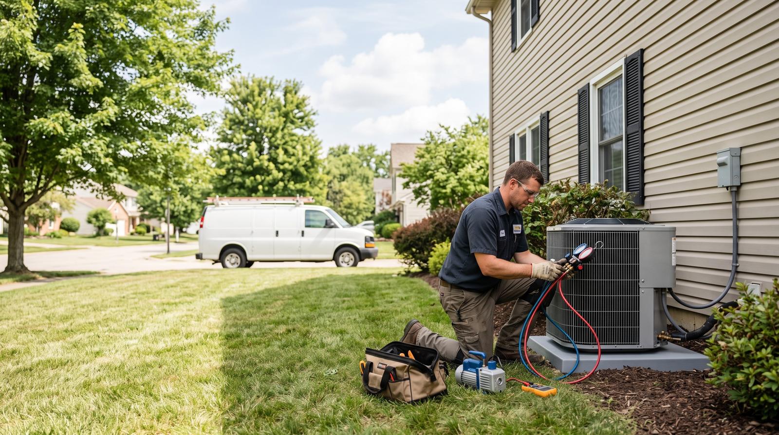 Technician connecting gauges to an outdoor AC condenser beside a home