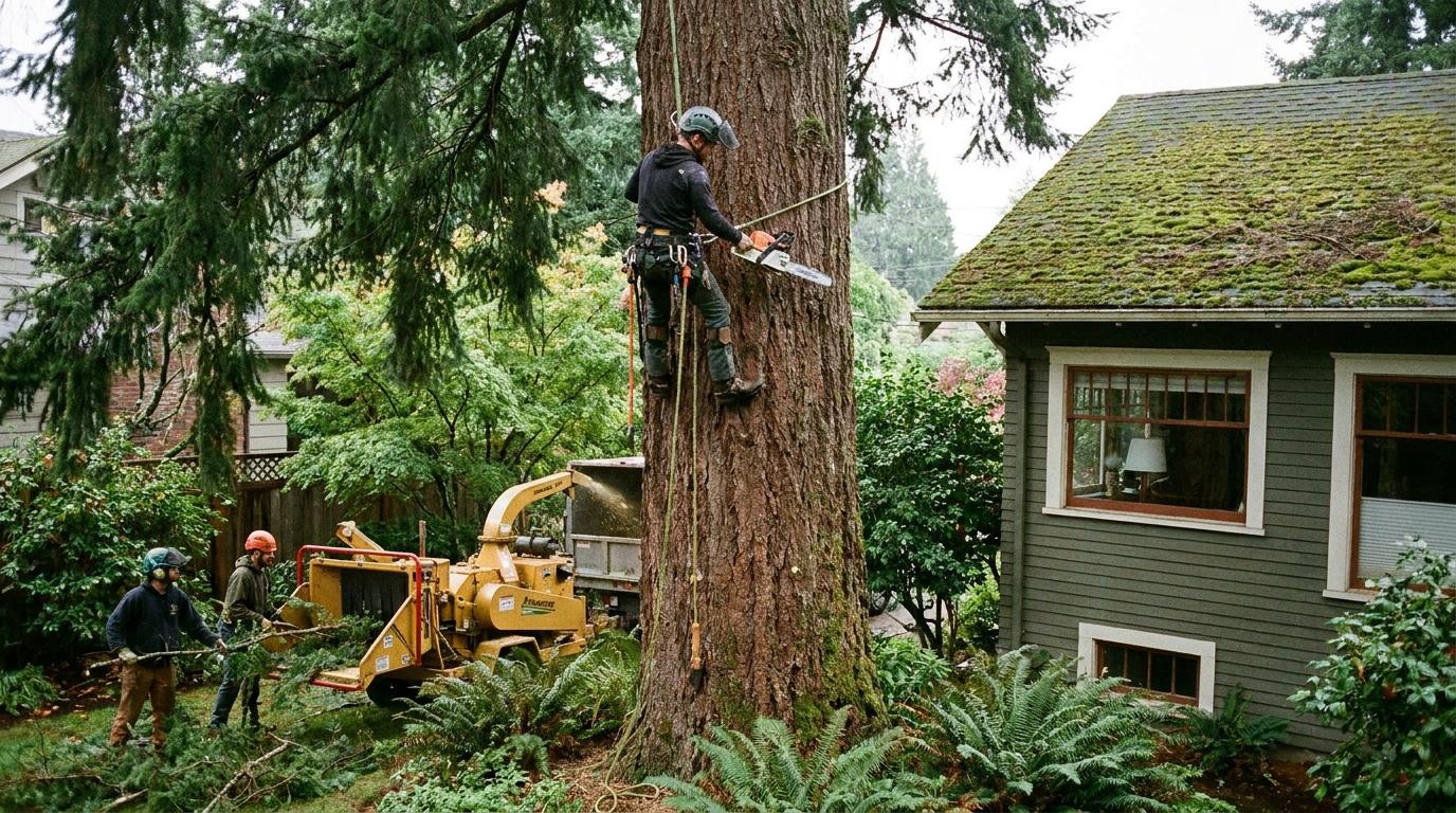 Arborist pruning a tall fir while the ground crew feeds a wood chipper